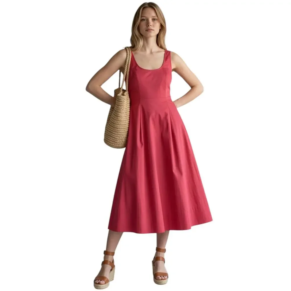 TALBOTS Pink Cotton Fit Flare Midi Dress 12 Sleeveless Pockets A-Line EUC